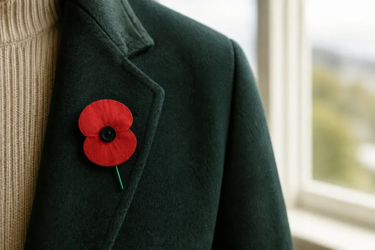 A small red New Zealand Poppy Day remembrance poppy pinned to the lapel of a dark green jacket