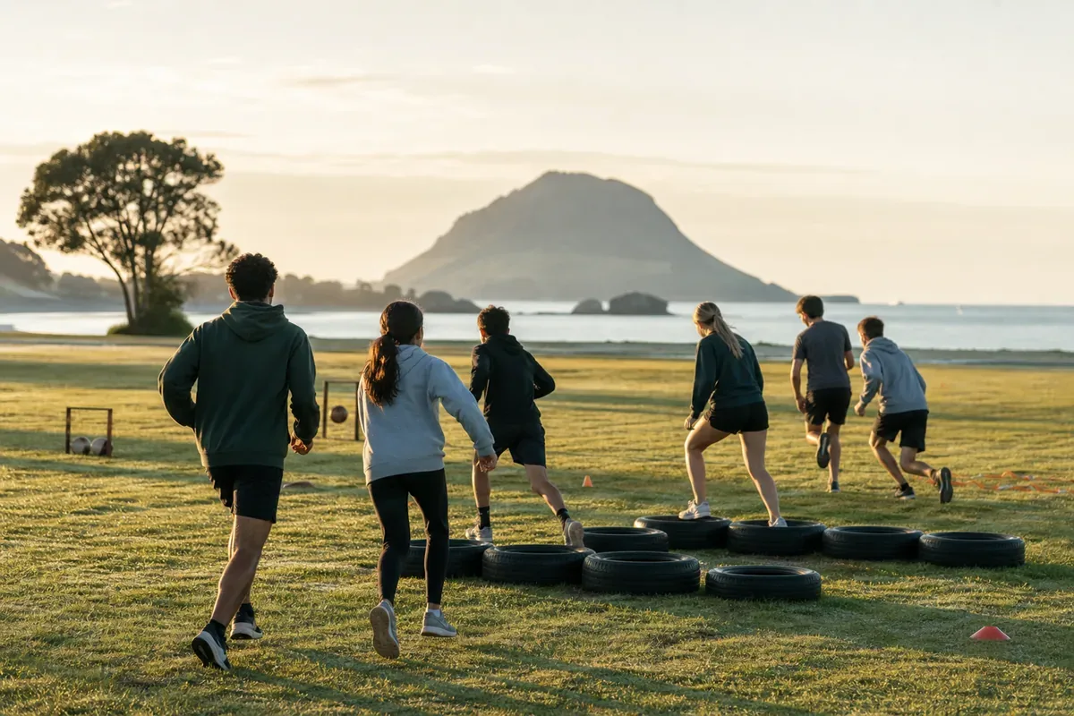 Teenagers take part in an outdoor teamwork course in early light with Mauao in the distance