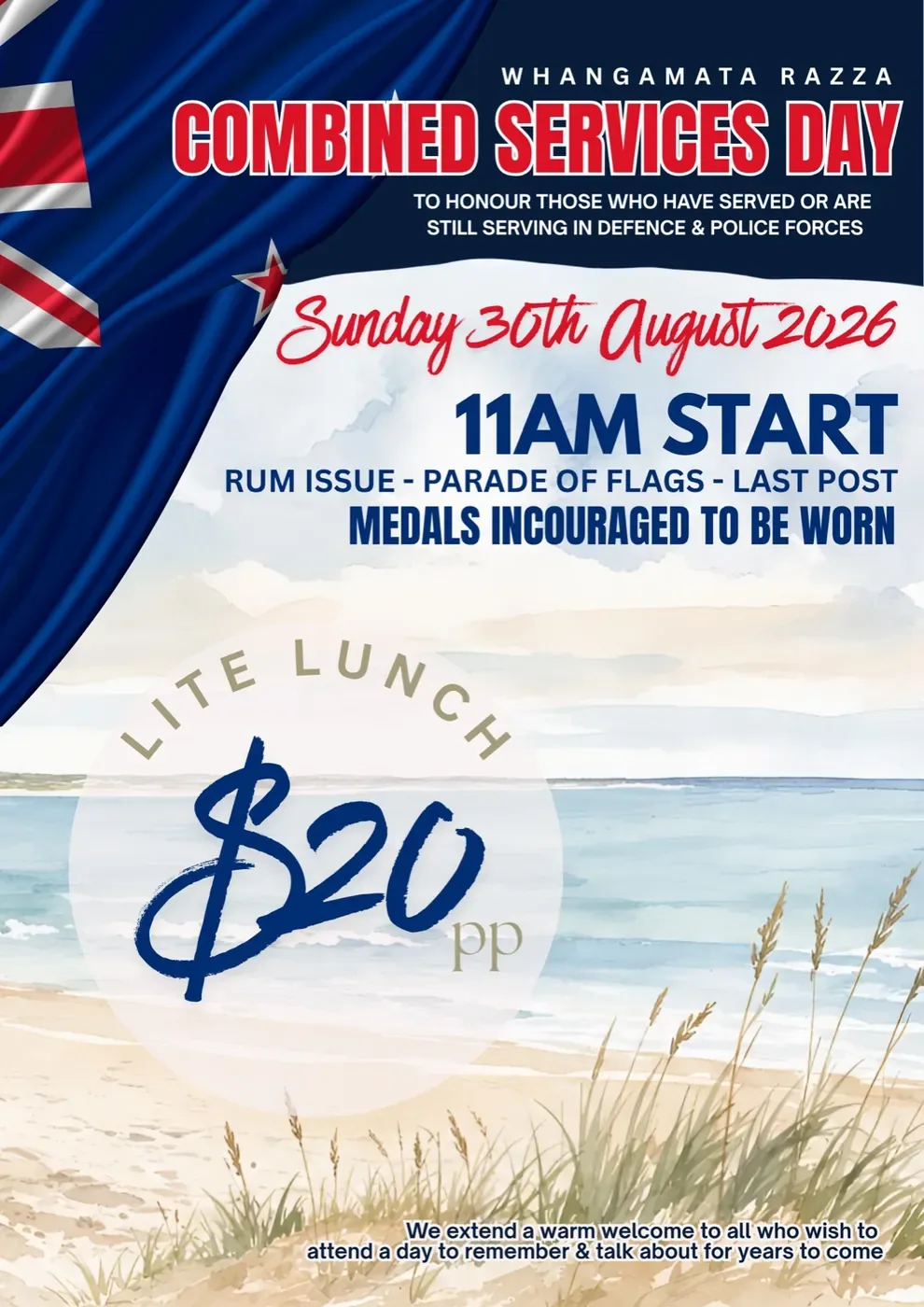 Flyer: Whangamata Razza Combined Services Day, Sunday 30 August 2026, 11am start. Rum issue, parade of flags, last post. Lite lunch $20 per person.