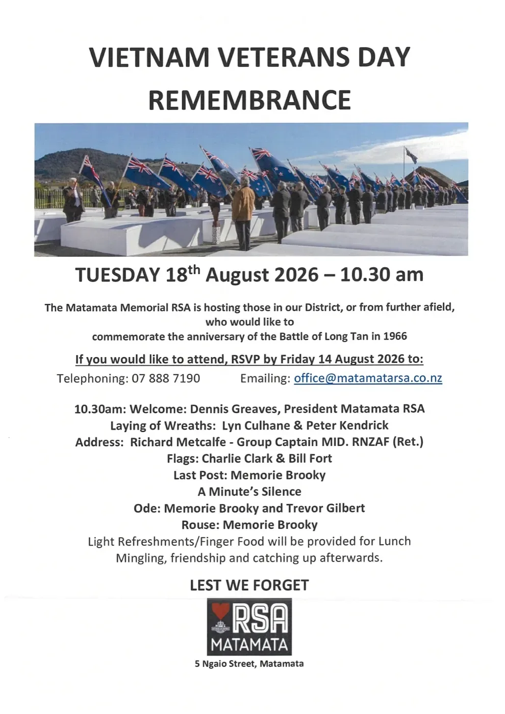 Flyer: Vietnam Veterans Day Remembrance hosted by Matamata Memorial RSA, Tuesday 18 August 2026 at 10.30am. RSVP by Friday 14 August on 07 888 7190 or office@matamatarsa.co.nz.