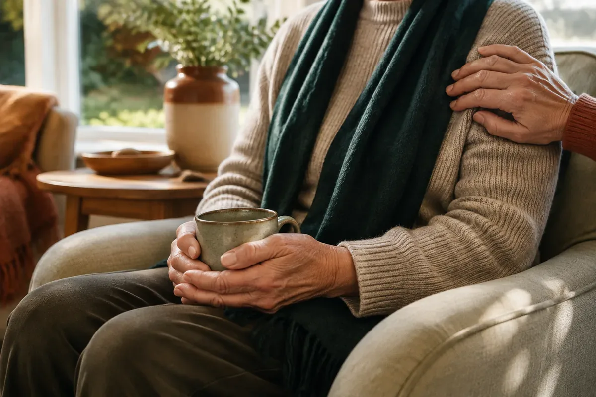 An older person holds a ceramic mug while a companion rests a reassuring hand on their shoulder