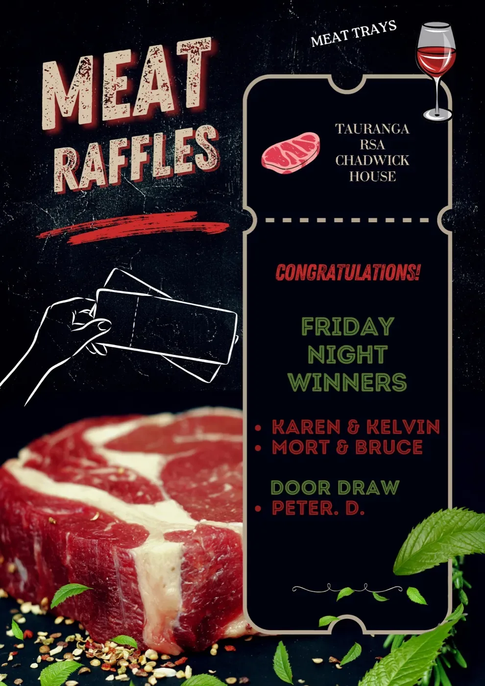 Flyer: Meat raffle Friday night winners Karen and Kelvin, Mort and Bruce. Door draw winner Peter D.
